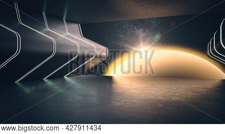 Contemporary Cosmos Exhibition In Dark Futuristic Interior. Gallery Concept. 3d Rendering
