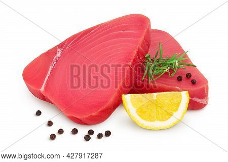 Fresh Tuna Fish Fillet Steak With Rosemary, Lemon And Peppercorns Isolated On White Background With 