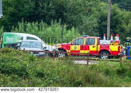 Donegal , Ireland - July 26 2021 : Rescue Forces Help At Car Accident In Portnoo During The Pandemic