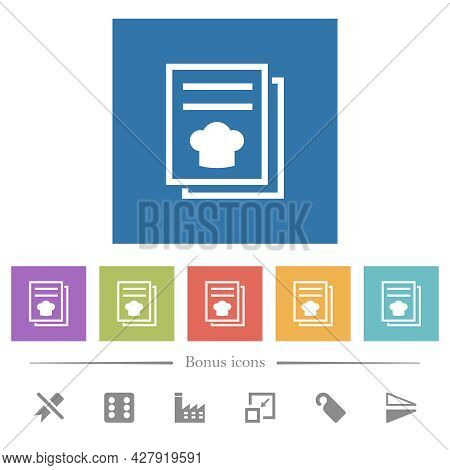 Cookbook With Chef Hat Flat White Icons In Square Backgrounds. 6 Bonus Icons Included.