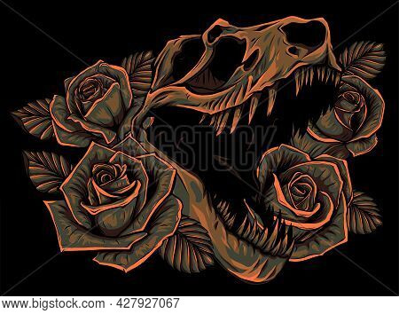 Illustration Tyrannosaurus Rex And Roses Frame. Tattoo Design.