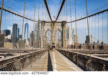 New York City - July 17, 2021: View Of The Broklyn Skyline As Seen From The Brooklyn Bridge.