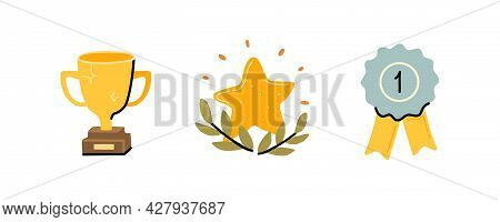 Modern Collection Of Champion Symbols: Cup, Star With Laurel And Medal. Colorful Set Of Cartoon Illu
