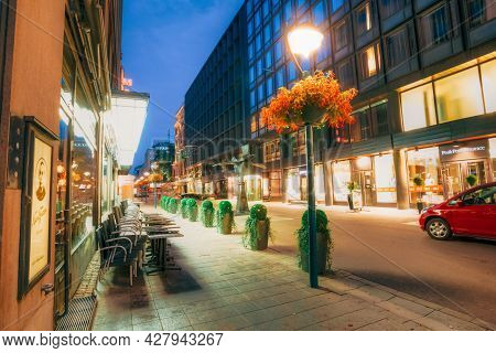 Helsinki, Finland - July 27, 2014: Night View Of Kluuvikatu Street In Helsinki