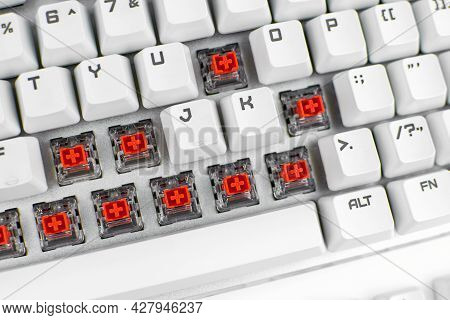 Mechanical Keyboard Switch. Red Switches Of The Gaming Mechanical Keyboard, Selective Focus. Repair 