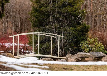 Low Angle Scenic View To Wooden Footbridge At Lazdukalni Dendrologic Park In Ogre, Latvia.  Idyllic 