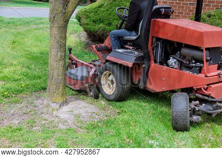 Gardening Activity, Lawn Mower Cutting The Grass Driven Lawn Mower In Sunny Garden