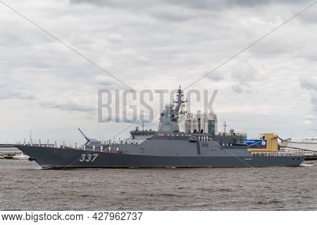 The Newest Military Corvette Of The Rattling Project 20385 Passes Near Kronstadt During The Naval Pa