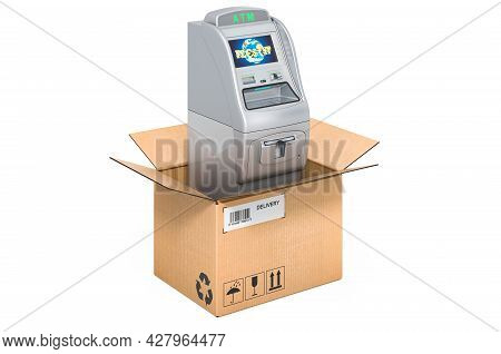 Atm Machine Inside Cardboard Box, Delivery Concept. 3d Rendering Isolated On White Background