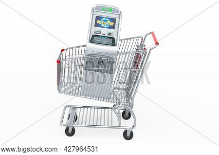 Shopping Cart With Atm Machine. 3d Rendering Isolated On White Background