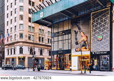 New York, Usa - February 8, 2020: Tag Heuer Store And Coach Fashion House On Iconic Shopping Street 