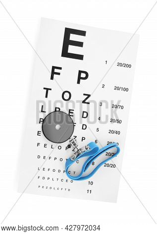Eye Chart Test And Head Mirror On White Background, Top View. Ophthalmologist Tools