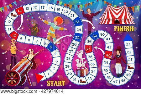 Boardgame With Shapito Circus Performers, Kids Tabletop Game, Vector Template. Kids Cartoon Track Mo