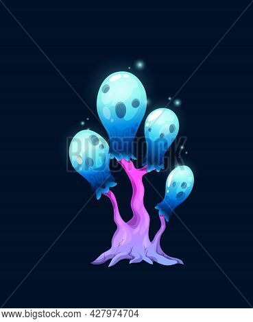 Fantasy Magic Sparkling Blue Mushroom, Vector Fungi Of Unusual Shape With Pink Stipe And Glow Bulb S