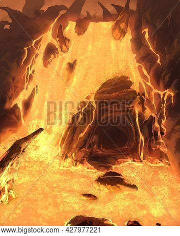 digital illustration of fantasy underground stalactites cave tunnel system with lava