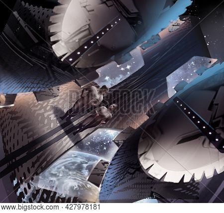Digital Illustration Of Fantasy Science Fiction Landscape Of Gym In The Spaceship With Couple Joggin