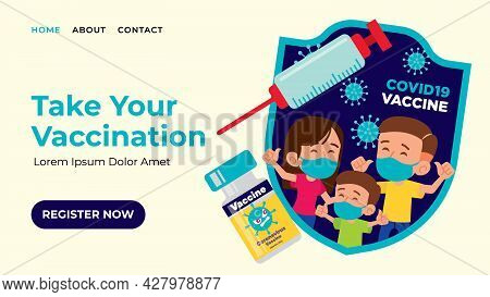 Landing Web Page Template Of Vaccination Campaign. Modern Flat Design Web Banner Of Vaccinated Famil