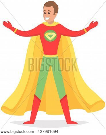 Strong Super Man Smiles And Flies To Save World Stretched Out His Hand. Brave Character In Superhero