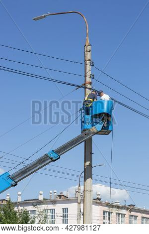 Belgorod, Russia - July 08, 2021: Repair Work On The Power Line In Belgorod