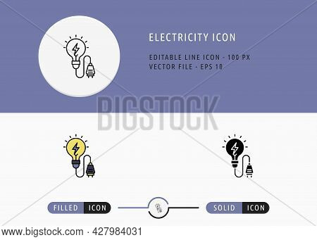Electricity Icons Set Editable Stroke Vector Illustration. Energy Power Resource Symbol. Icon Line S