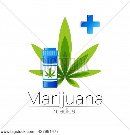 Cannabis Vector Logotype For Medicine And Doctor. Medical Marijuana Symbol With Pill Bottle And Blue