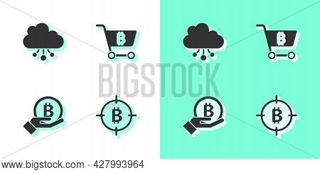 Set Bitcoin In The Target, Cryptocurrency Cloud Mining, Hand Holding And Shopping Cart With Bitcoin 