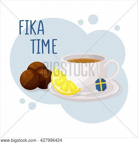 Cup Of Coffee Or Tea And Chocolate Ball. Coffee Break Fika Concept. Isolated Hand Drawn Vector Illus