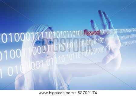 Password protection concept with business woman in blue