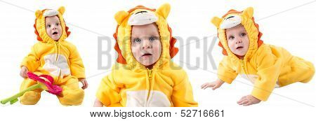 Child Boy,dressed In Lion Carnival Suit, Isolated On White Background. Baby Zodiac - Sign Leo. The C