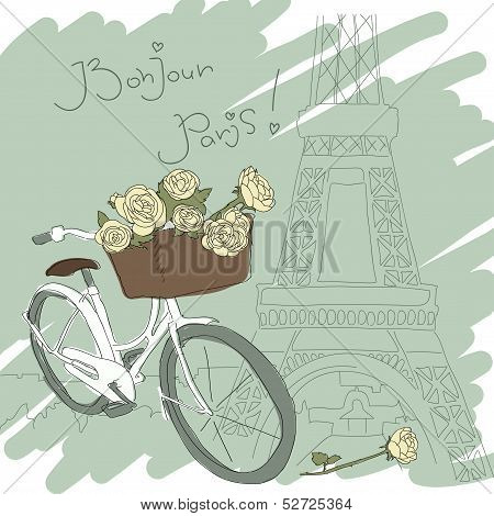 Beautiful card with pretty bicycle and roses