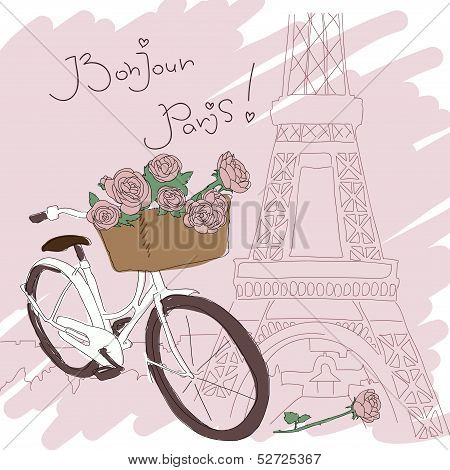 Beautiful card with pretty bicycle and roses