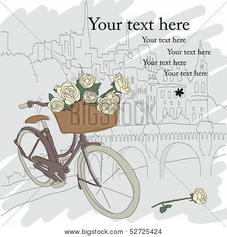 Beautiful card with pretty bicycle and roses