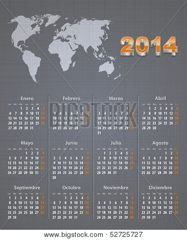 Spanish Calendar For 2014 With World Map On Linen Texture