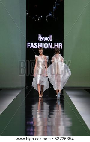ZAGREB, CROATIA - OCTOBER 19: Fashion model wearing clothes designed by Branka Donassy on the 'Fashion.hr' show on October 19, 2013 in Zagreb, Croatia.