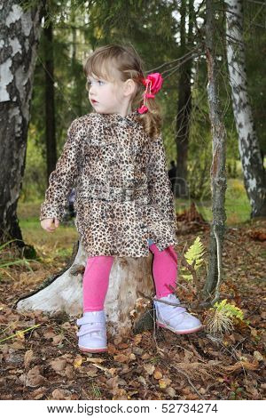 Pretty Little Girl With Bows Sits On Tree Stump And Looks Away In Autumnforest.