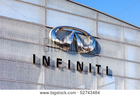 Samara, Russia - October 20: The Emblem Infiniti On Blue Sky Background, October 20, 2013 In Samara,