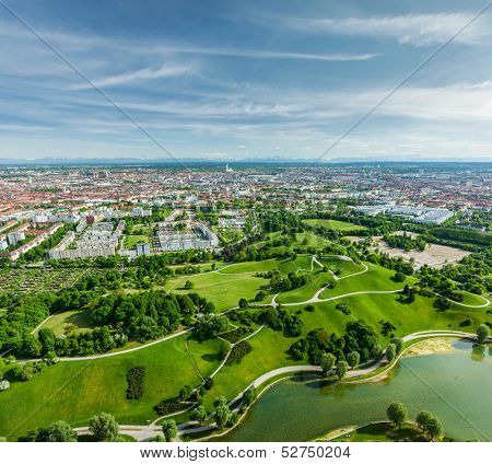 Aerial view of Olympiapark and Munich from Olympiaturm (Olympic Tower). Munich, Bavaria, Germany