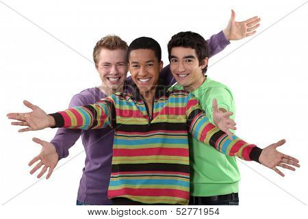 Three male friends making welcome gesture