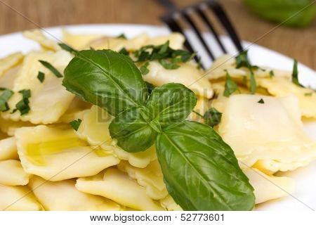 Italian pasta ravioli with parsley and olive oil close up