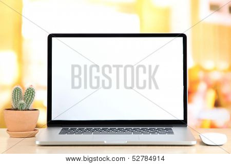 Laptop and cactus in flowerpot on wooden table
