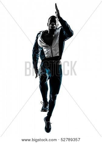 one caucasian man  running sprinting jogging in silhouette studio isolated on white background