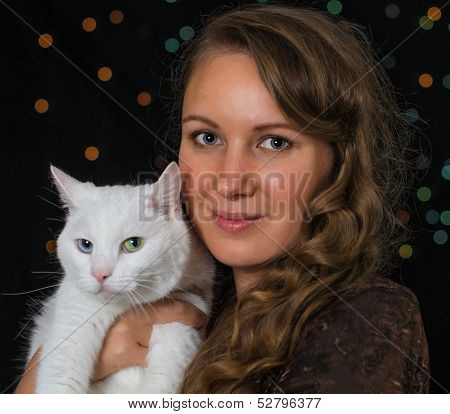 Woman And White Cat Portrait Over Bokeh