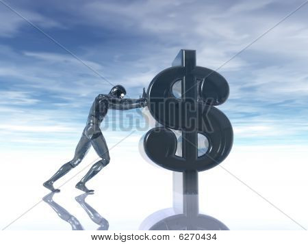 Vidrio hombre empuja el símbolo de dólar