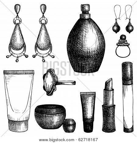 Vector set of  graphic black  cosmetics and jewelry elements isolated on white