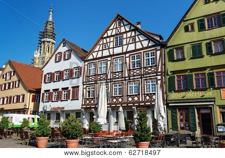 ESSLINGEN, GERMANY - APRIL 02,2014: Medieval buildings located at Market Square (Marktplatz) in Esslingen am Neckar near Stuttgart