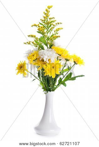 Bouquet from blue hydrangeas and yellow asters, a flower background