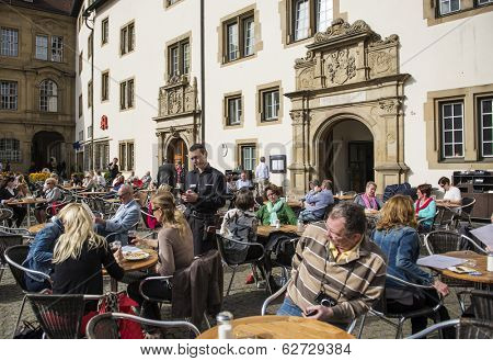 STUTTGART, GERMANY - APRIL 01, 2014: Street cafes on  Old Chancellery(Alte Kanzlei) square