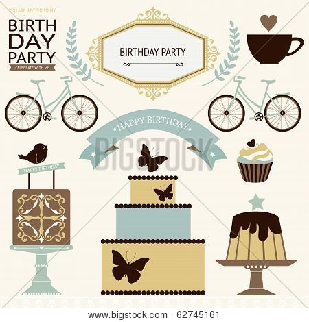 Vector Set Of Birthday Celebration or Holiday Icons In Vintage Colors.
