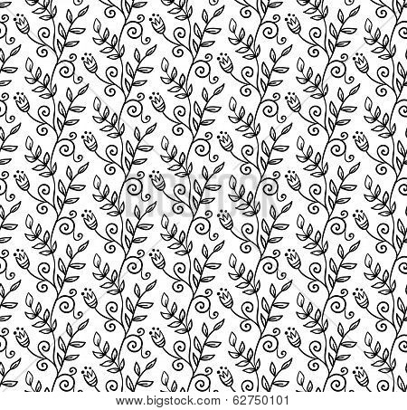 Black and white doodle foliage seamless pattern
