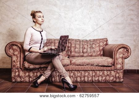 Business Woman Using Computer. Internet Home Technology. Vintage Photo.